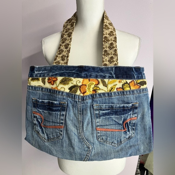 Handmade Upcycled Denim Bag/Tote, Distressed, Blue/Brown - Picture 2 of 4